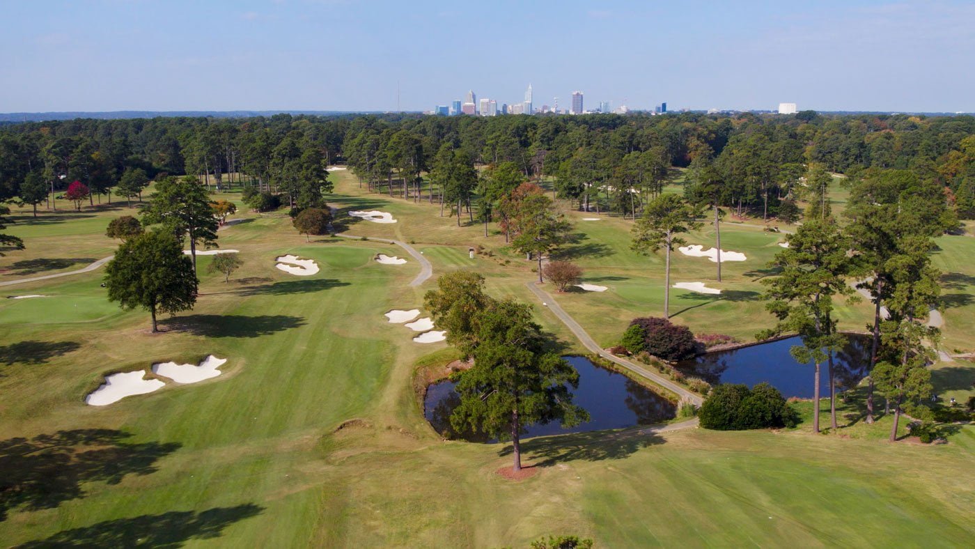 Country club golf course with downtown Raleigh, NC in the background