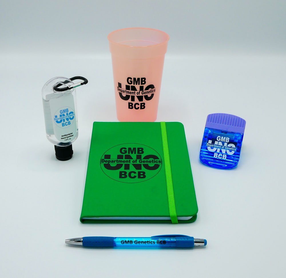 various promotional products for UNC Department of Genetics